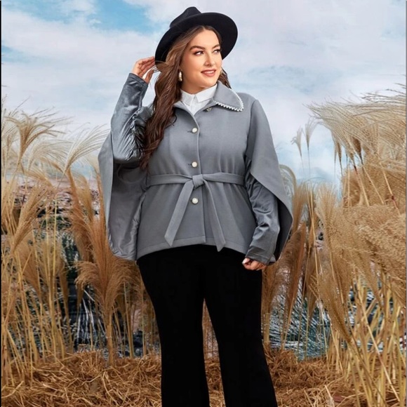 Belted Cape Coat with Pearl button accents - Picture 3 of 7